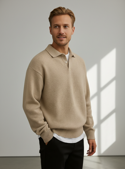 Men’s Beige Knit Polo Sweater