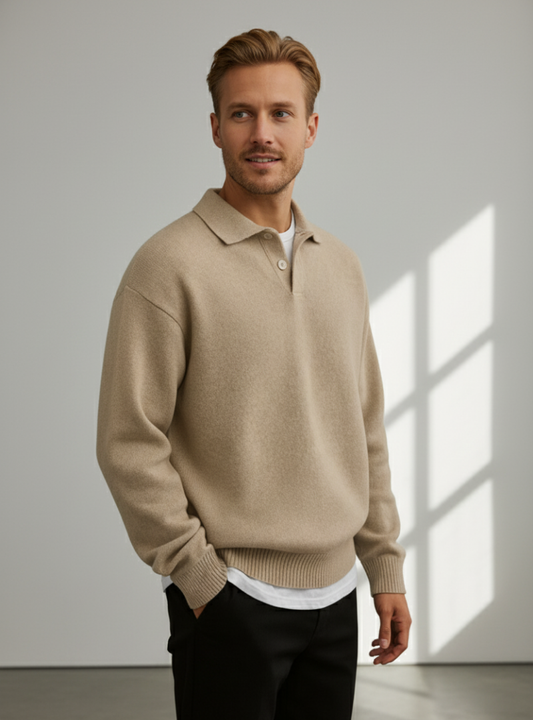 Men’s Beige Knit Polo Sweater