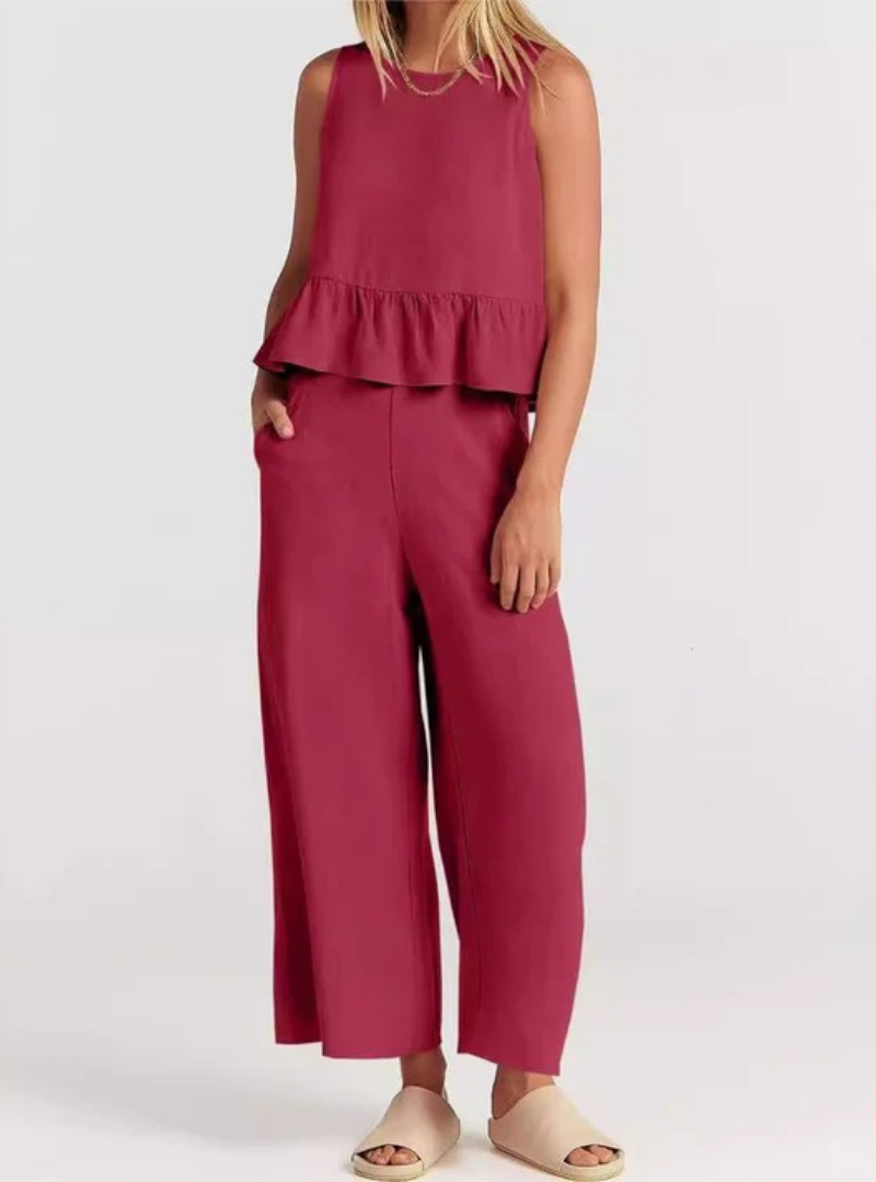 Women’s Sleeveless Peplum Jumpsuit – Wide-Leg One-Piece Outfit with Round Neck – Casual Everyday Wear