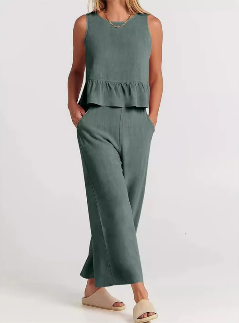 Women’s Sleeveless Peplum Jumpsuit – Wide-Leg One-Piece Outfit with Round Neck – Casual Everyday Wear