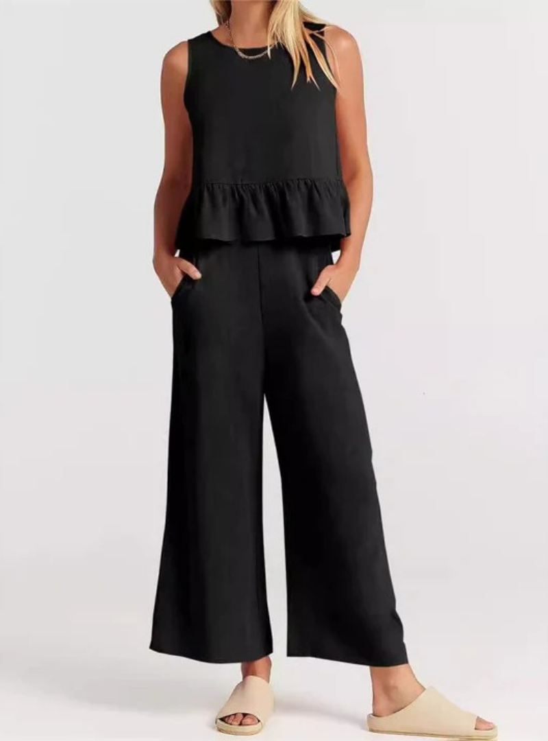 Women’s Sleeveless Peplum Jumpsuit – Wide-Leg One-Piece Outfit with Round Neck – Casual Everyday Wear