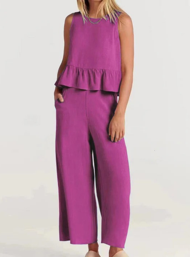 Women’s Sleeveless Peplum Jumpsuit – Wide-Leg One-Piece Outfit with Round Neck – Casual Everyday Wear