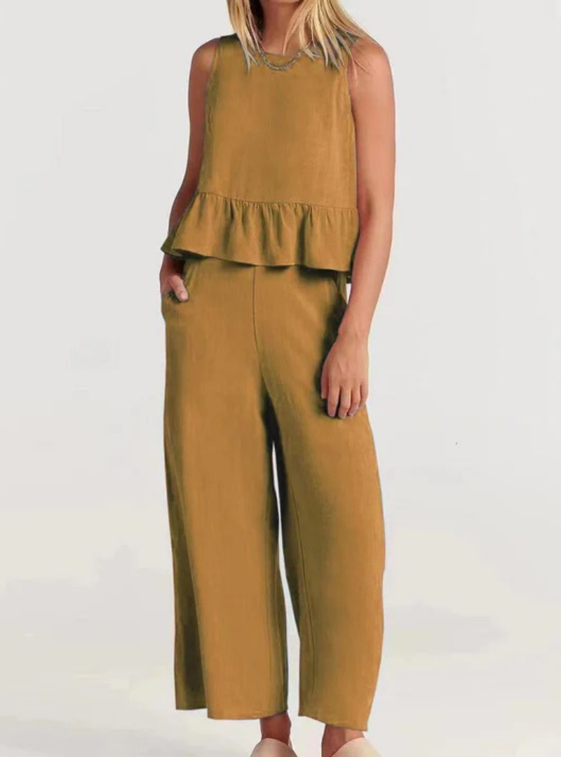 Women’s Sleeveless Peplum Jumpsuit – Wide-Leg One-Piece Outfit with Round Neck – Casual Everyday Wear