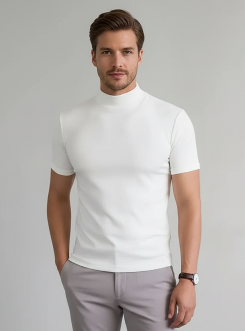 Men’s Short Sleeve Knit Turtleneck Top – Cotton Blend High Neck Pullover – Casual Fall Layer