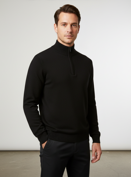 Men's Black Zipped Collar Knit Pullover