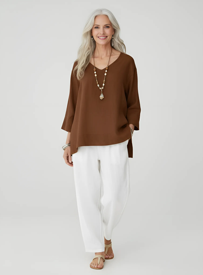 Women’s V-Neck Oversized Blouse – Three-Quarter Sleeve Loose Top – Casual Everyday Wear