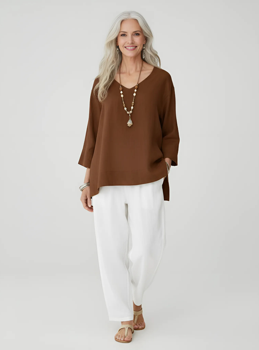 Women’s V-Neck Oversized Blouse – Three-Quarter Sleeve Loose Top – Casual Everyday Wear