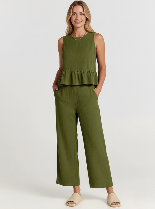 Women’s Sleeveless Peplum Jumpsuit – Wide-Leg One-Piece Outfit with Round Neck – Casual Everyday Wear