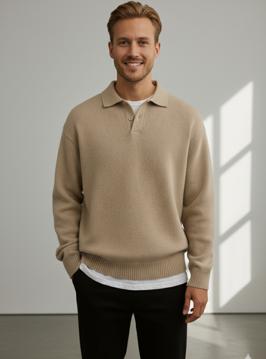 Men’s Beige Knit Polo Sweater