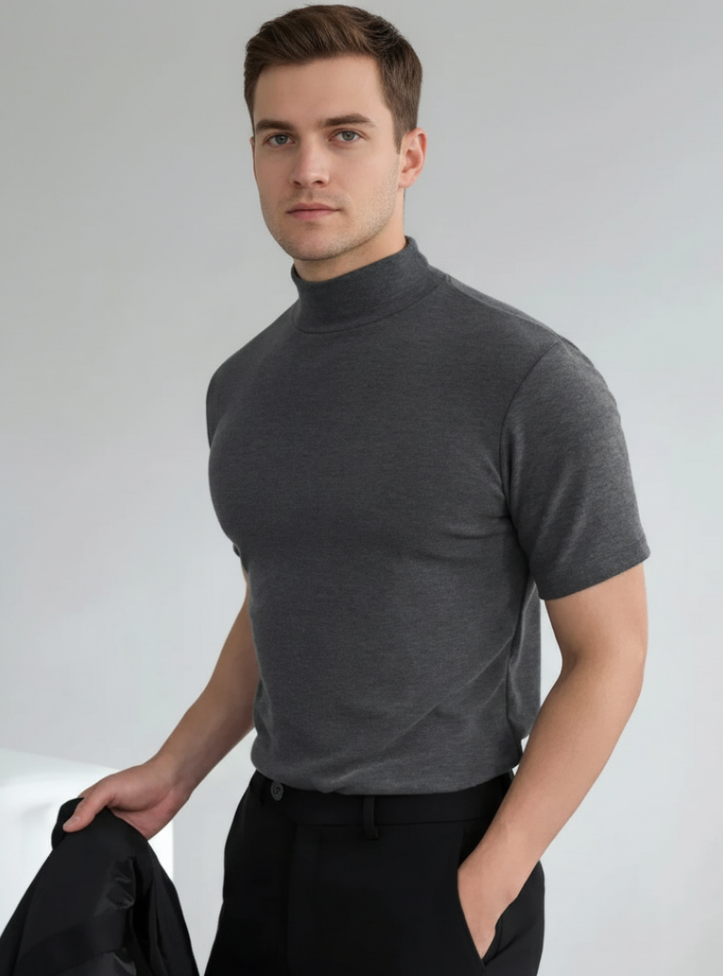 Men’s Short Sleeve Knit Turtleneck Top – Cotton Blend High Neck Pullover – Casual Fall Layer