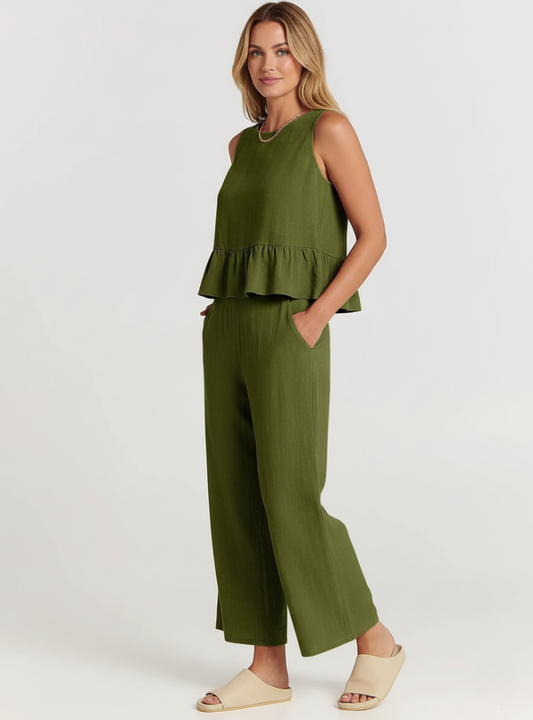 Women’s Sleeveless Peplum Jumpsuit – Wide-Leg One-Piece Outfit with Round Neck – Casual Everyday Wear