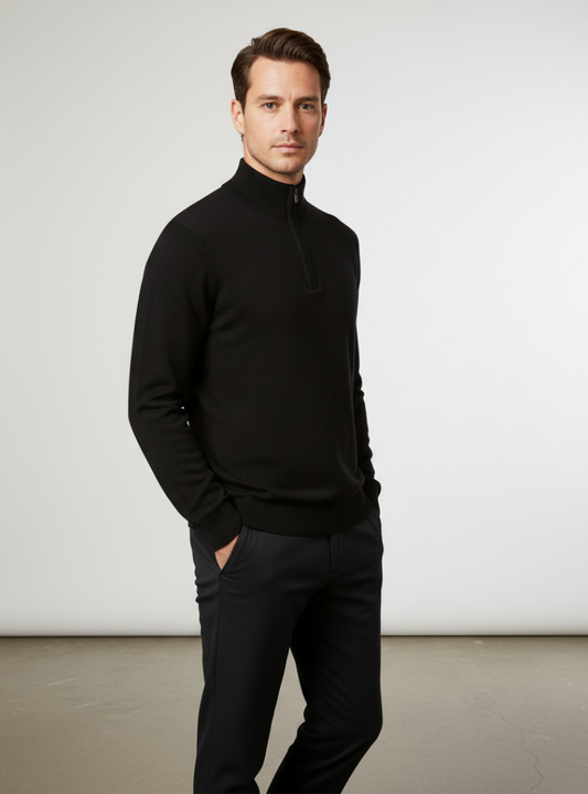 Men's Black Zipped Collar Knit Pullover