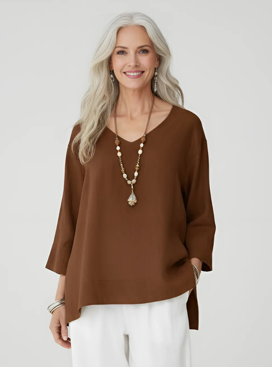 Women’s V-Neck Oversized Blouse – Three-Quarter Sleeve Loose Top – Casual Everyday Wear