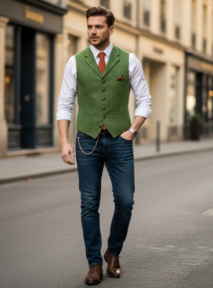 Men’s Formal Buttoned Vest – Tailored Sleeveless Waistcoat with Pocket Detail – Classic Layer for Business and Events