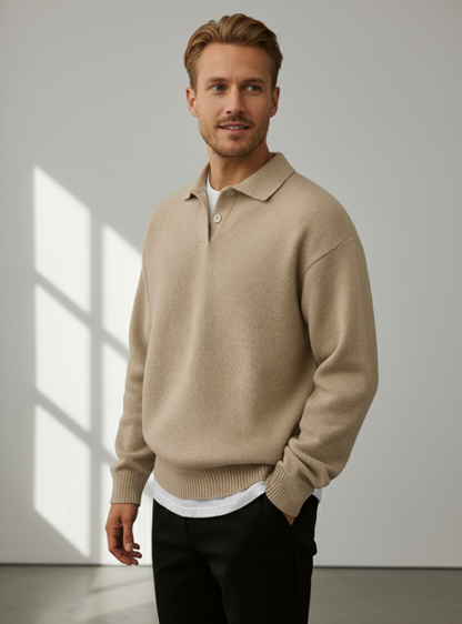 Men’s Beige Knit Polo Sweater