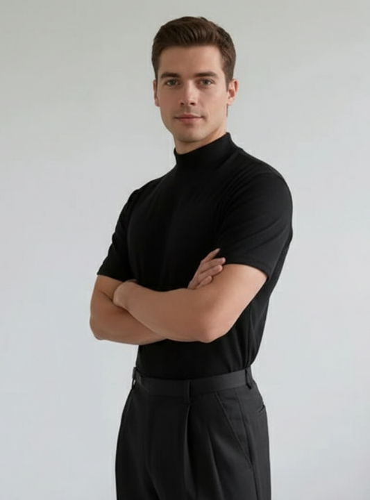 Men’s Short Sleeve Knit Turtleneck Top – Cotton Blend High Neck Pullover – Casual Fall Layer