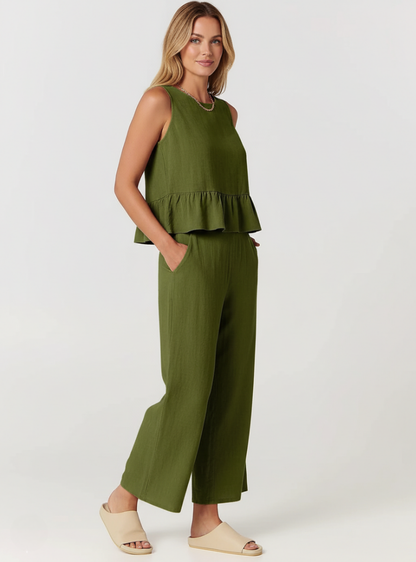 Women’s Sleeveless Peplum Jumpsuit – Wide-Leg One-Piece Outfit with Round Neck – Casual Everyday Wear