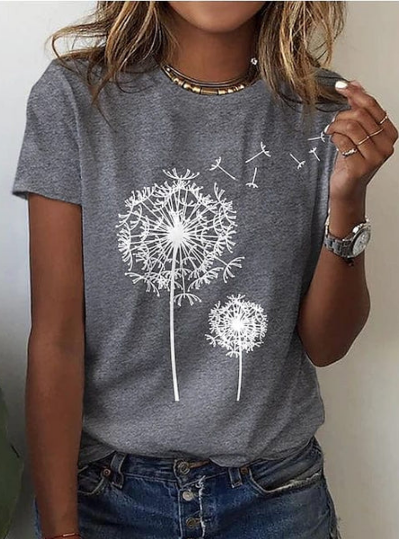 Women’s Graphic Short Sleeve T-Shirt – Round Neck Casual Top with Dandelion Print – Everyday Wear