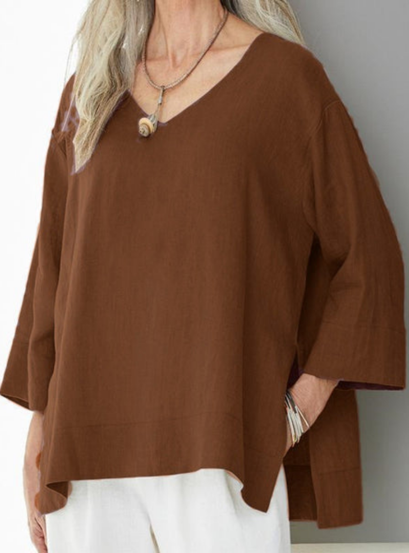 Women’s V-Neck Oversized Blouse – Three-Quarter Sleeve Loose Top – Casual Everyday Wear