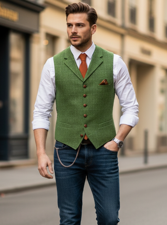 Men’s Formal Buttoned Vest – Tailored Sleeveless Waistcoat with Pocket Detail – Classic Layer for Business and Events