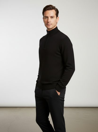 Men's Black Zipped Collar Knit Pullover