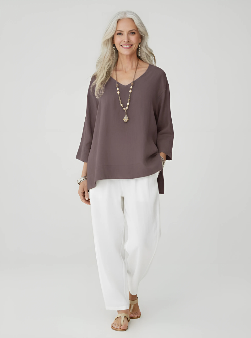 Women’s V-Neck Oversized Blouse – Three-Quarter Sleeve Loose Top – Casual Everyday Wear