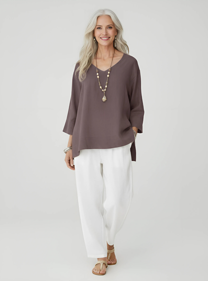 Women’s V-Neck Oversized Blouse – Three-Quarter Sleeve Loose Top – Casual Everyday Wear