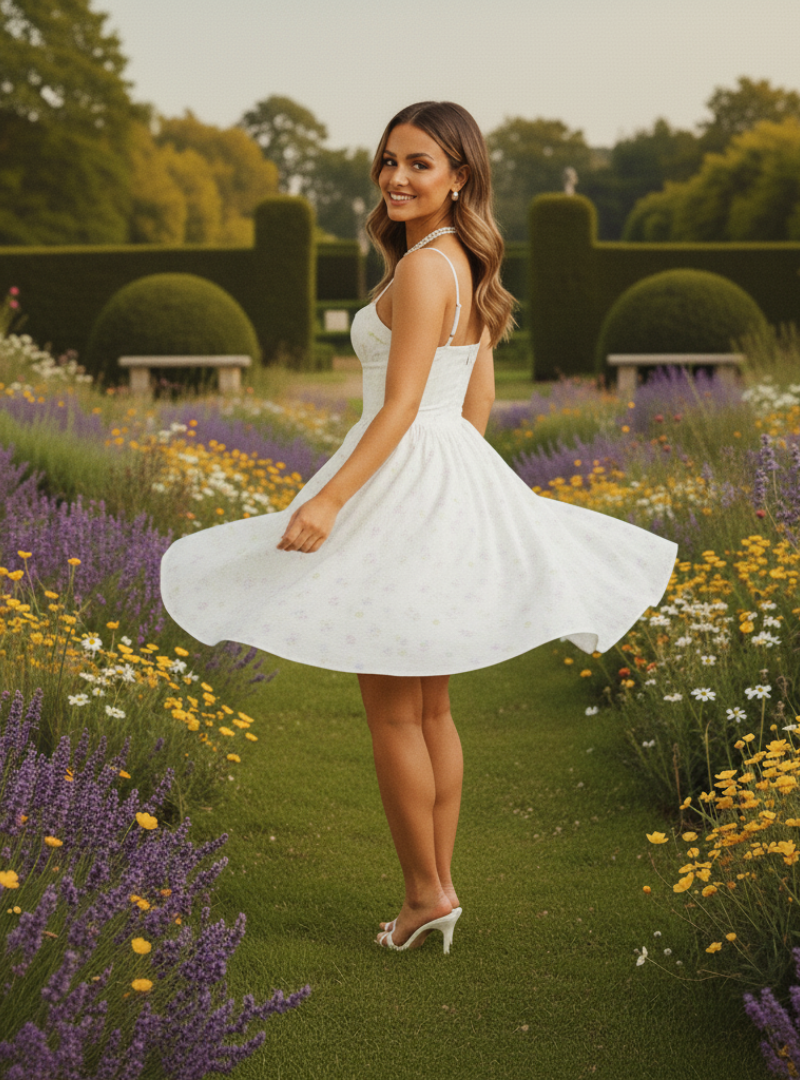 Women's White Sleeveless Floral Print A-Line Dress