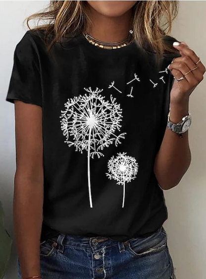 Women’s Graphic Short Sleeve T-Shirt – Round Neck Casual Top with Dandelion Print – Everyday Wear