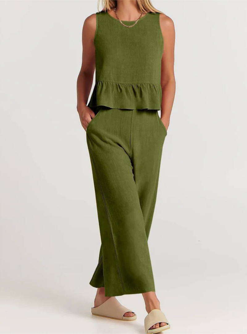 Women’s Sleeveless Peplum Jumpsuit – Wide-Leg One-Piece Outfit with Round Neck – Casual Everyday Wear
