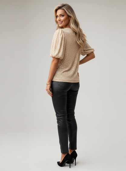 Women’s Short Puff Sleeve Blouse – Round Neck Textured Top – Casual or Semi-Formal Wear