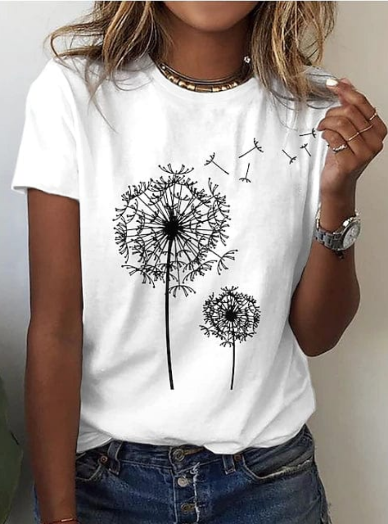 Women’s Graphic Short Sleeve T-Shirt – Round Neck Casual Top with Dandelion Print – Everyday Wear
