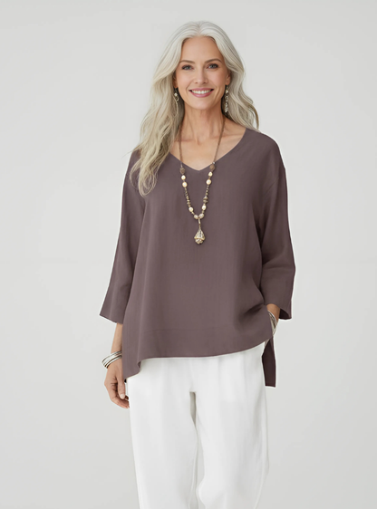 Women’s V-Neck Oversized Blouse – Three-Quarter Sleeve Loose Top – Casual Everyday Wear