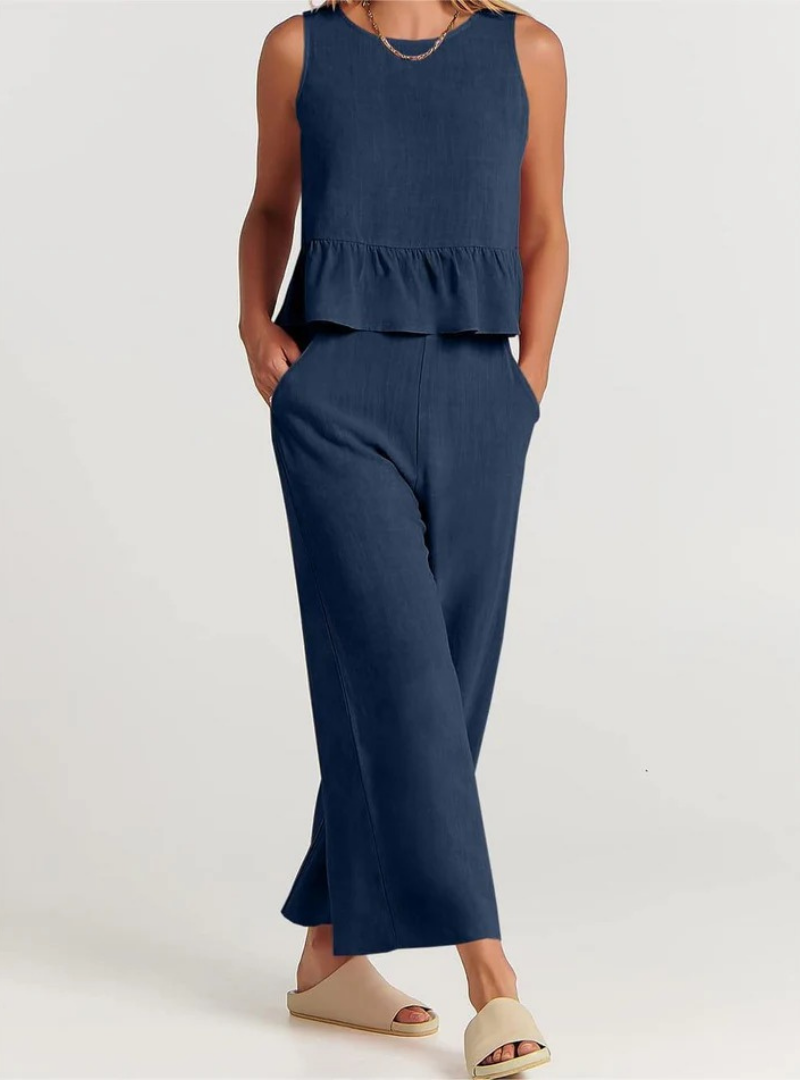Women’s Sleeveless Peplum Jumpsuit – Wide-Leg One-Piece Outfit with Round Neck – Casual Everyday Wear