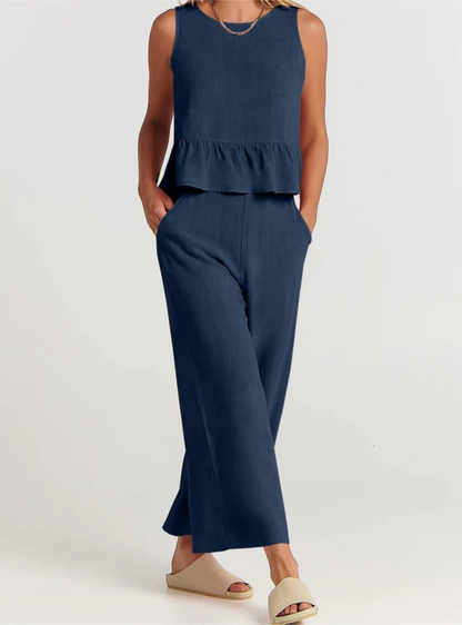 Women’s Sleeveless Peplum Jumpsuit – Wide-Leg One-Piece Outfit with Round Neck – Casual Everyday Wear