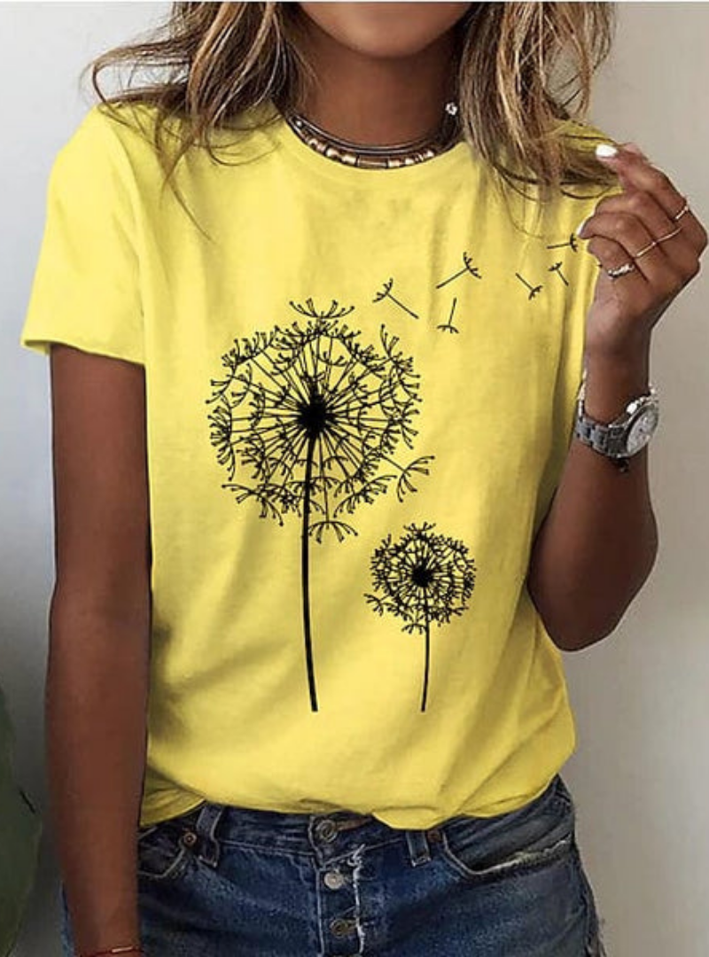 Women’s Graphic Short Sleeve T-Shirt – Round Neck Casual Top with Dandelion Print – Everyday Wear