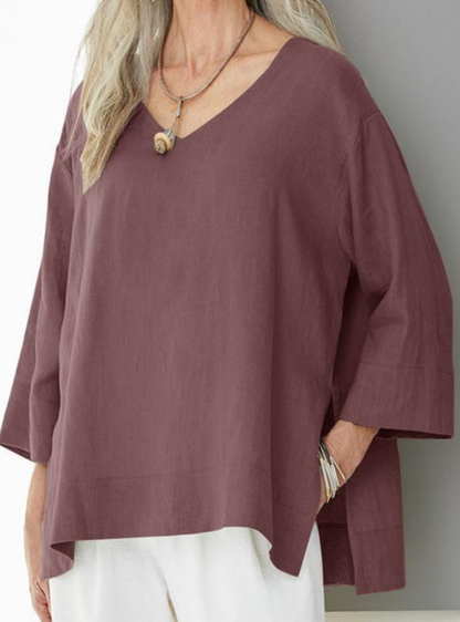 Women’s V-Neck Oversized Blouse – Three-Quarter Sleeve Loose Top – Casual Everyday Wear
