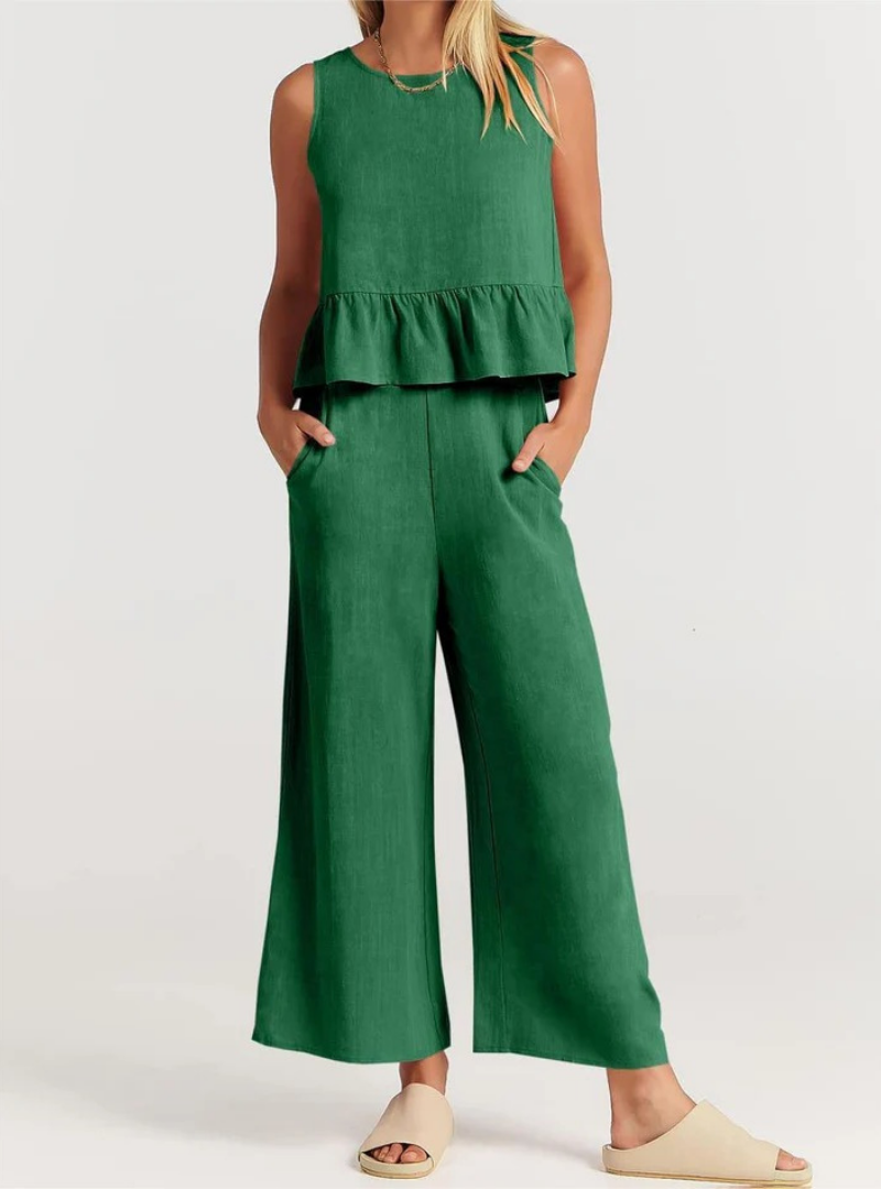 Women’s Sleeveless Peplum Jumpsuit – Wide-Leg One-Piece Outfit with Round Neck – Casual Everyday Wear