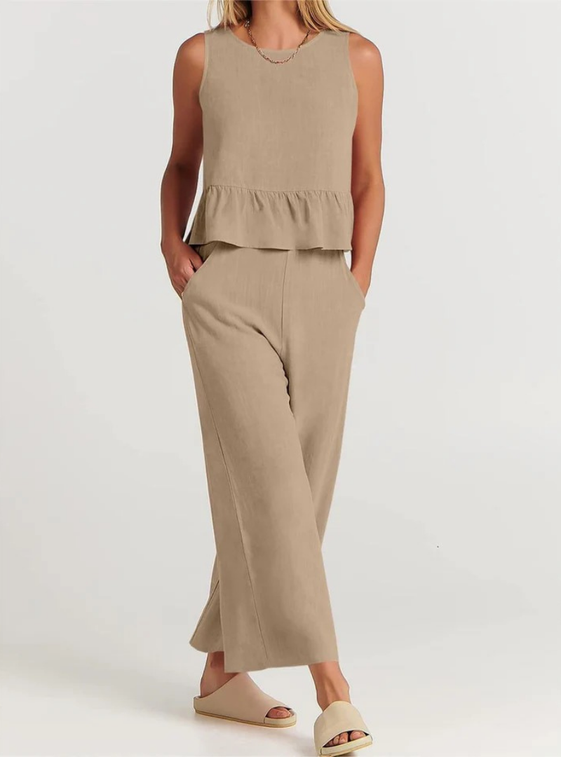 Women’s Sleeveless Peplum Jumpsuit – Wide-Leg One-Piece Outfit with Round Neck – Casual Everyday Wear
