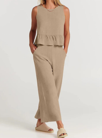 Women’s Sleeveless Peplum Jumpsuit – Wide-Leg One-Piece Outfit with Round Neck – Casual Everyday Wear