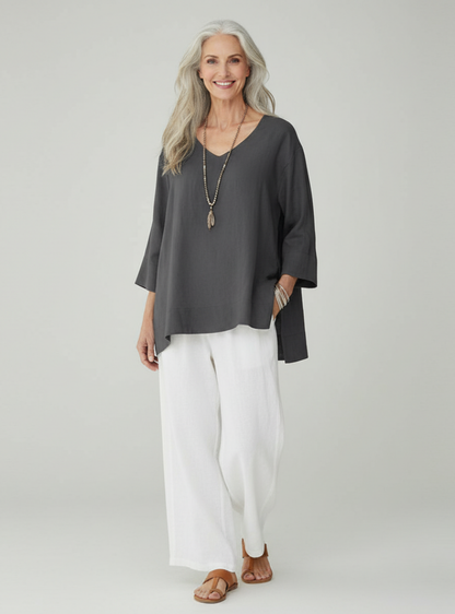 Women’s V-Neck Oversized Blouse – Three-Quarter Sleeve Loose Top – Casual Everyday Wear