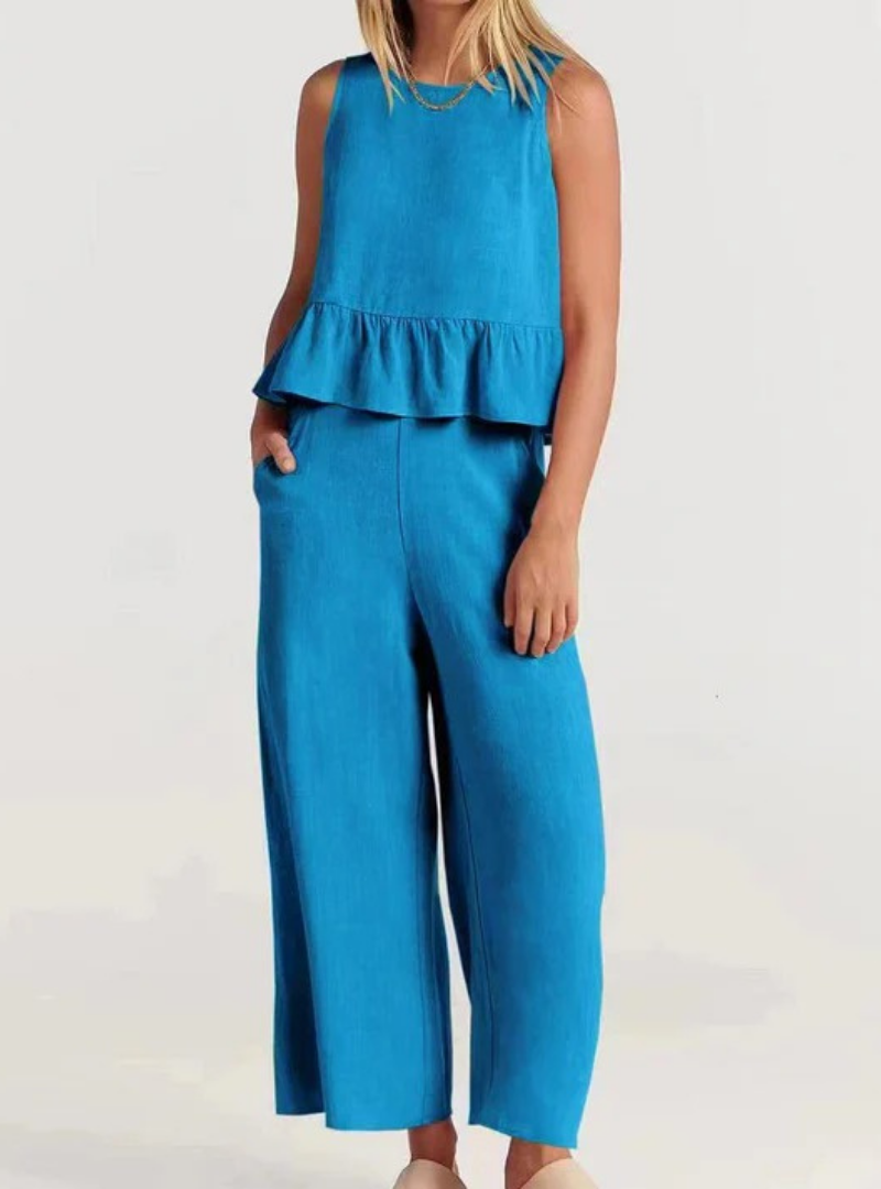 Women’s Sleeveless Peplum Jumpsuit – Wide-Leg One-Piece Outfit with Round Neck – Casual Everyday Wear