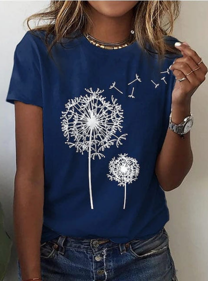 Women’s Graphic Short Sleeve T-Shirt – Round Neck Casual Top with Dandelion Print – Everyday Wear
