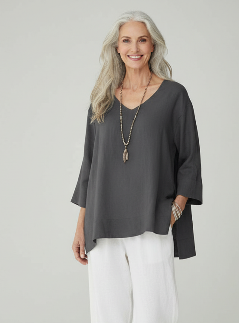 Women’s V-Neck Oversized Blouse – Three-Quarter Sleeve Loose Top – Casual Everyday Wear