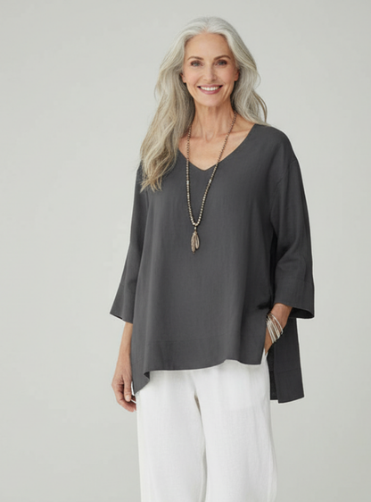 Women’s V-Neck Oversized Blouse – Three-Quarter Sleeve Loose Top – Casual Everyday Wear
