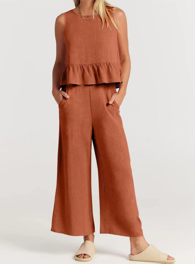 Women’s Sleeveless Peplum Jumpsuit – Wide-Leg One-Piece Outfit with Round Neck – Casual Everyday Wear