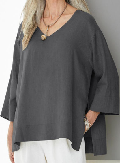 Women’s V-Neck Oversized Blouse – Three-Quarter Sleeve Loose Top – Casual Everyday Wear