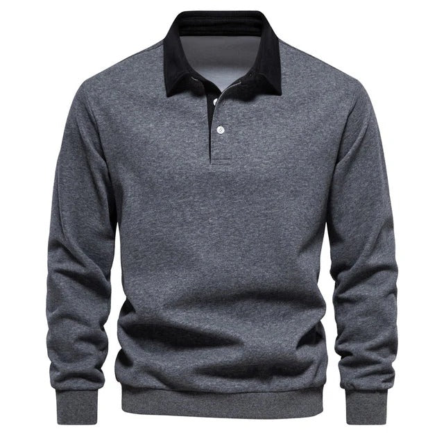 Men’s Long Sleeve Polo Sweatshirt – Casual Pullover Top with Contrast Collar – Versatile Fall Layer