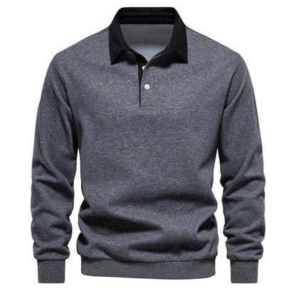 Men’s Long Sleeve Polo Sweatshirt – Casual Pullover Top with Contrast Collar – Versatile Fall Layer