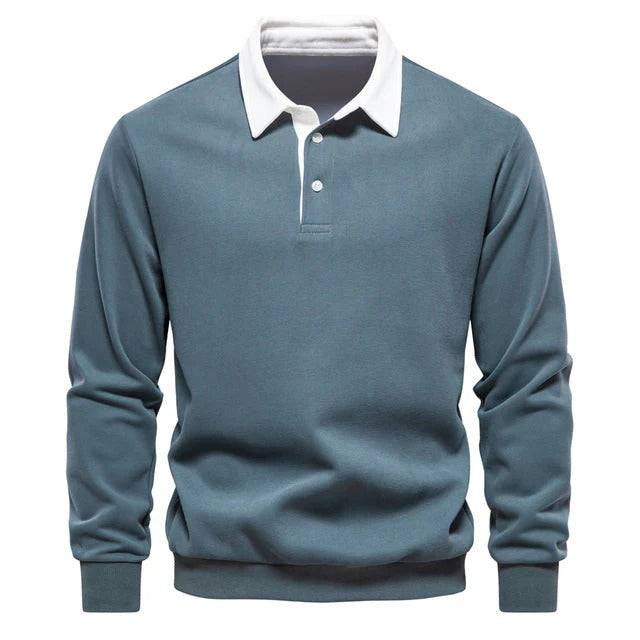 Men’s Long Sleeve Polo Sweatshirt – Casual Pullover Top with Contrast Collar – Versatile Fall Layer